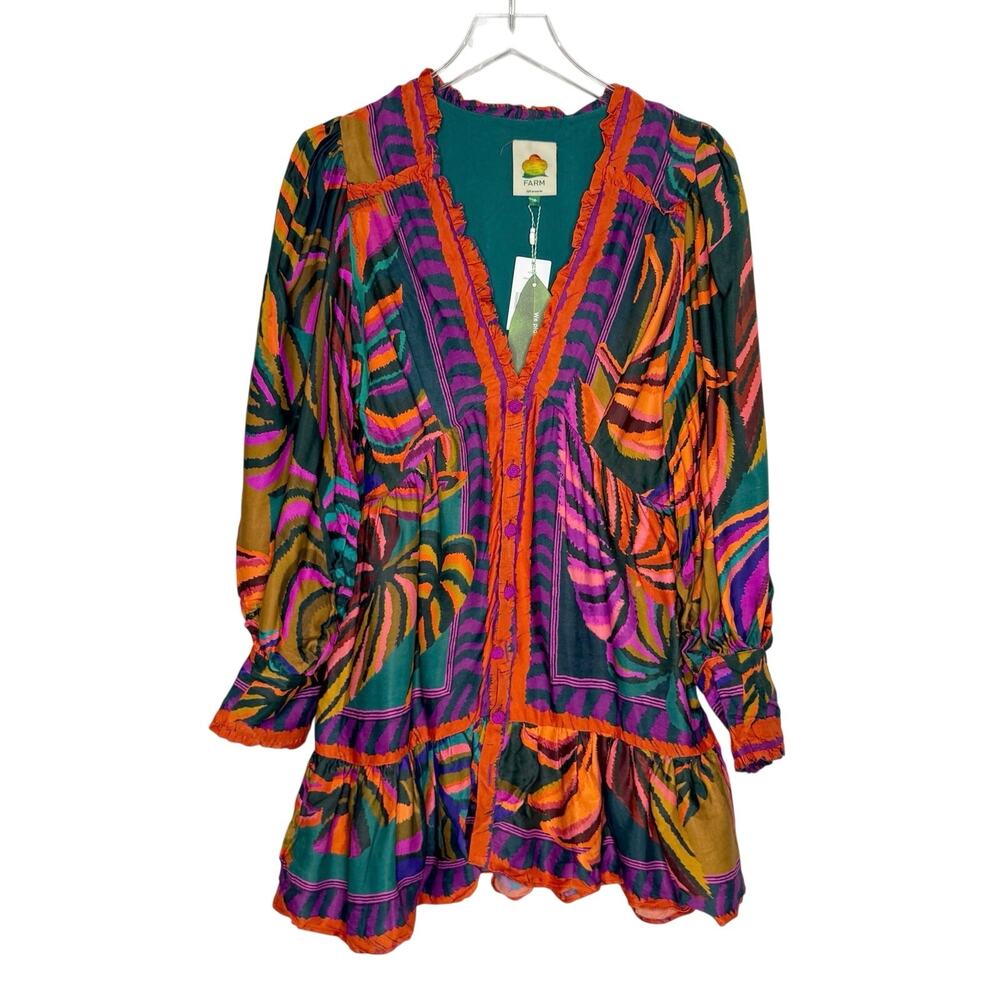 FARM Rio Graphic Foliage Mini Dress M NEW Vibrant Botanical Print Ruffle Hem
